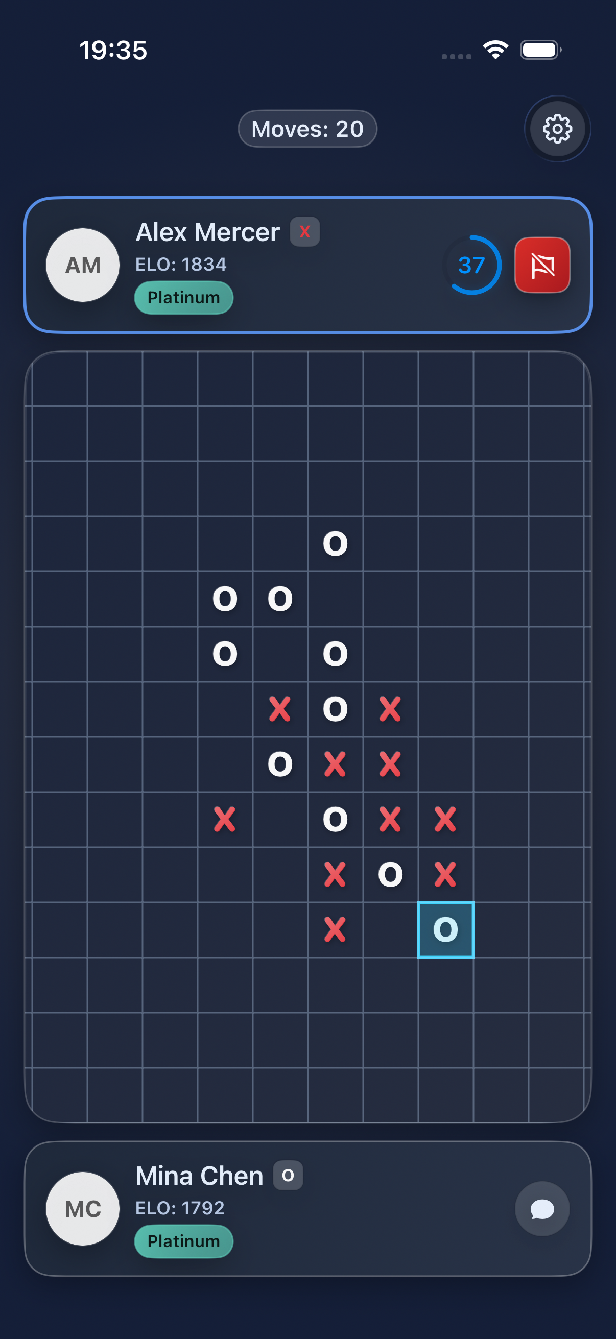 Live Gomoku match shown on iPhone device